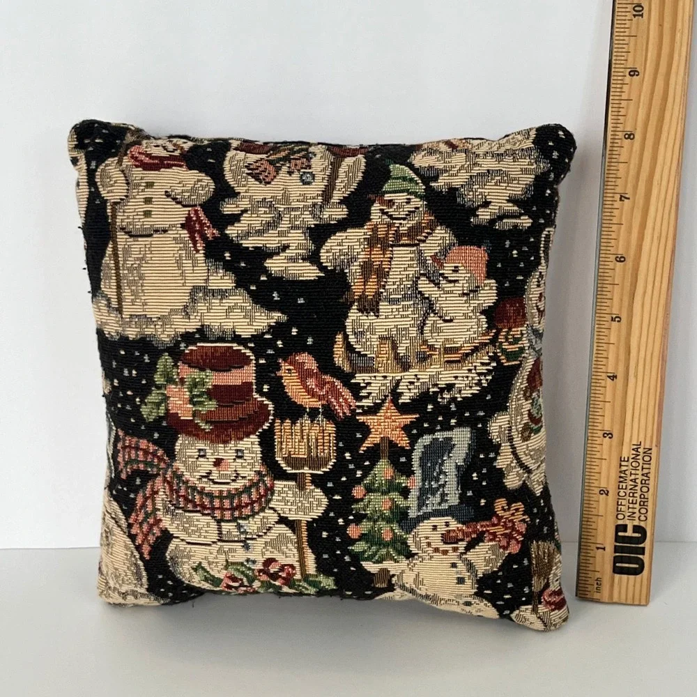 Vtg Christmas Snowman Woven Tapestry Decorative Throw Pillow 9x9 Winter Decor